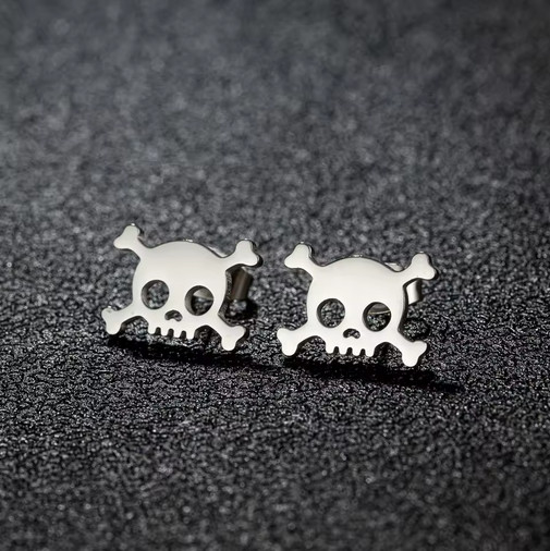 Tiny Stainless Steel Silver Colored Cute Skull and Bones Stud Earrings New