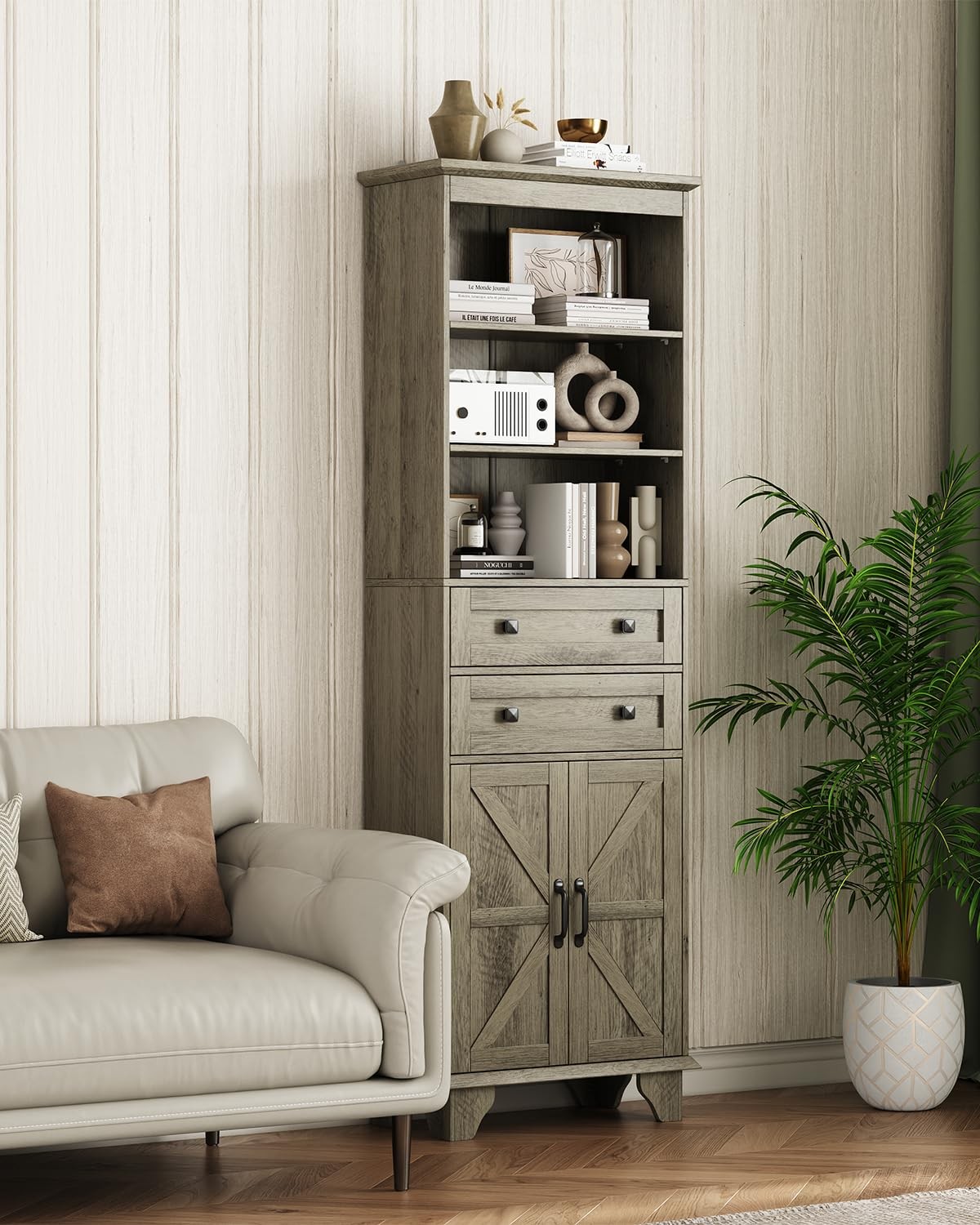 72" Farmhouse Storage Cabinet,Tall w/ 2Drawers,Adjustable Shelves and Barn Door