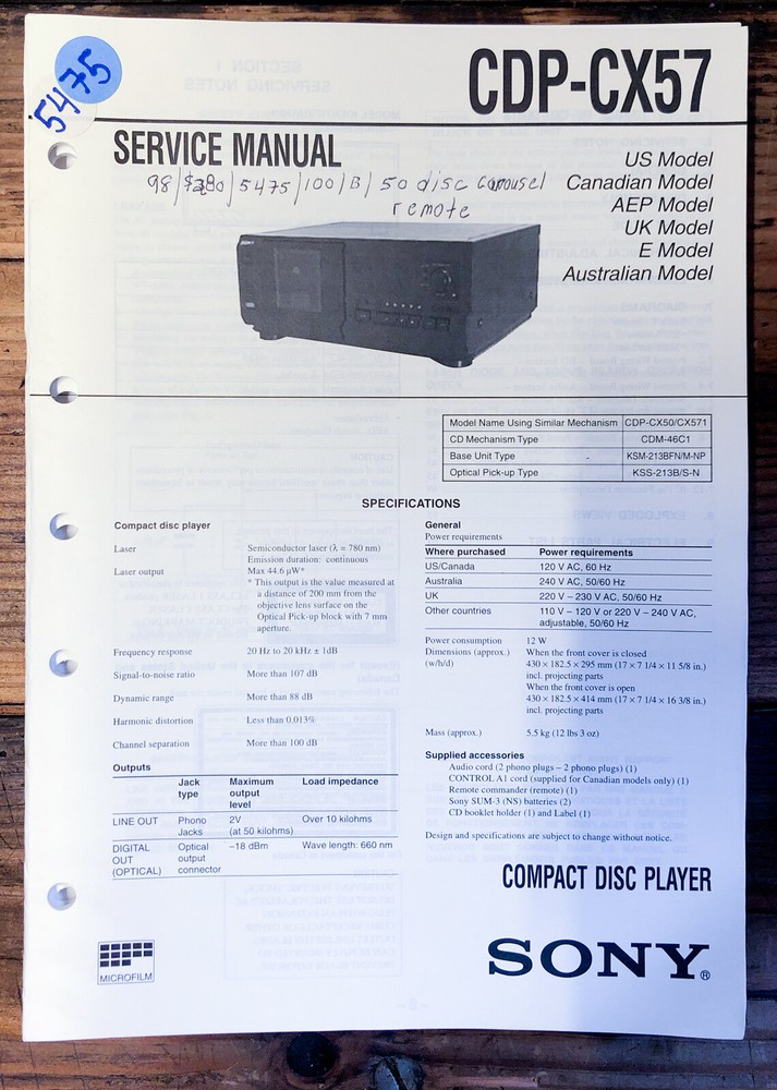 Sony CDP-CX57 CD Player  Service Manual *Original*