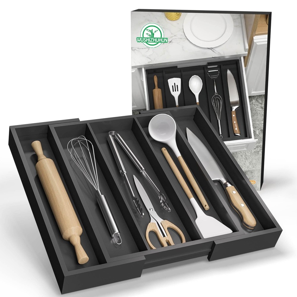Kitchen Utensil Organizer Silverware Tray - Bamboo Flatware Organizer Expanda...
