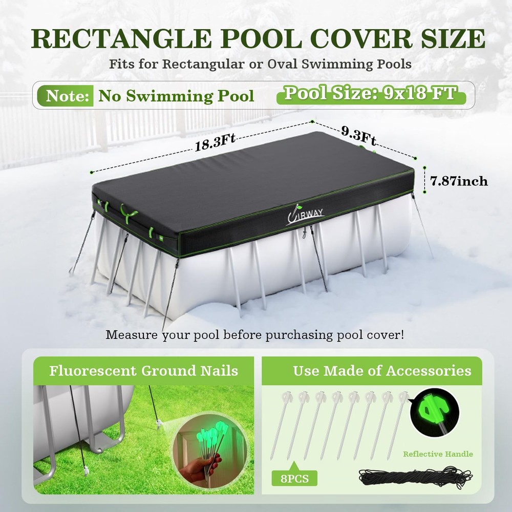 9x18 FT Winter Rectangular Pool Cover with Reflective Strips, Swimming Pool C...