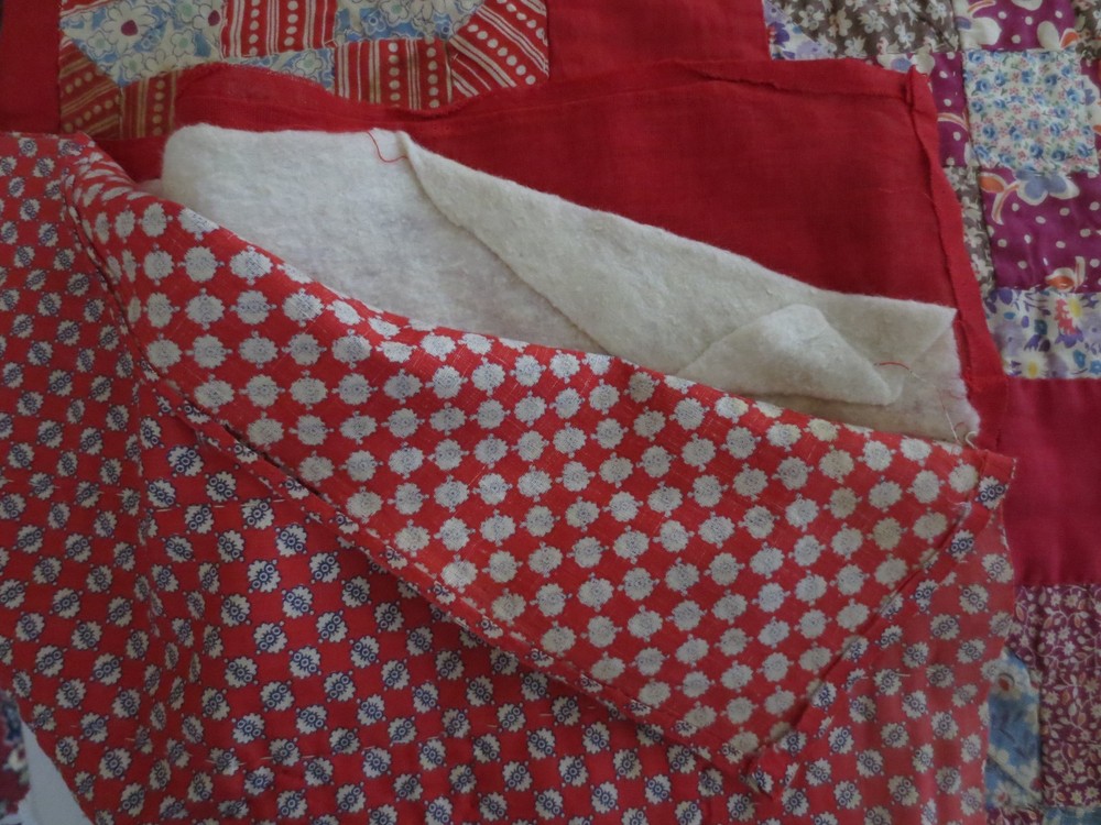 ANTIQUE Modified CROSS & CROWN Cotton PATCHWORK QUILT w/Red Borders - 69" x 84"