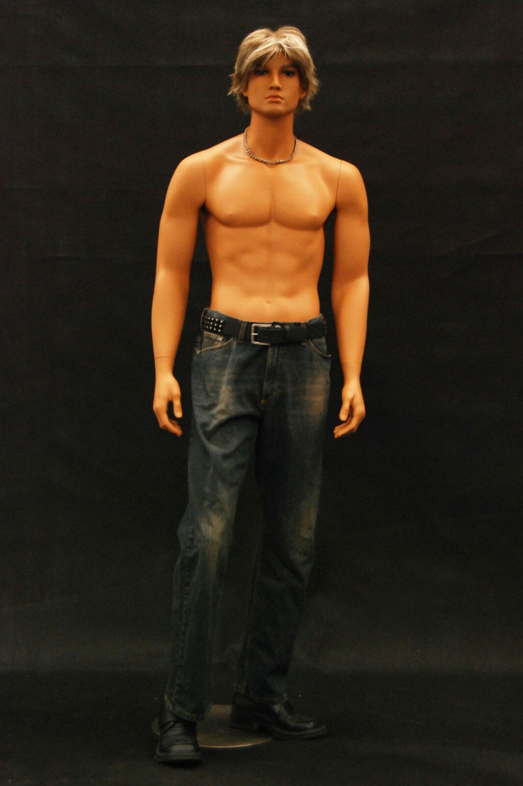 Realistic Tan Adult Male Standing Full Body Fiberglass Mannequin with Wig