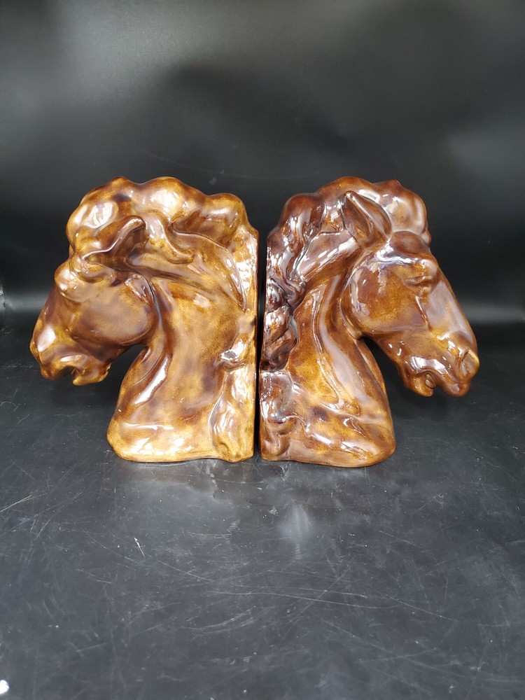 MCM Studio Pottery Horse Bookends Equestrian Lusterware Brown