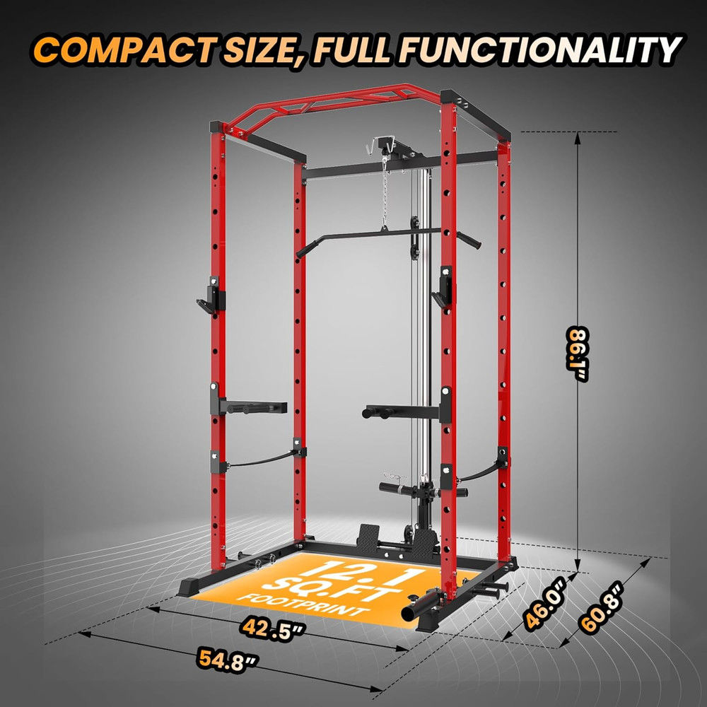 Power Cage, Multi-Function Squat Rack with LAT Pulldown, 1600 LBS Weight Capacit