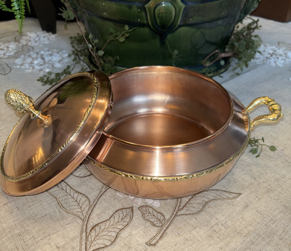 Solid Copper Serving Dish w/ Brass Pinecone Finial/Handles~Preowned