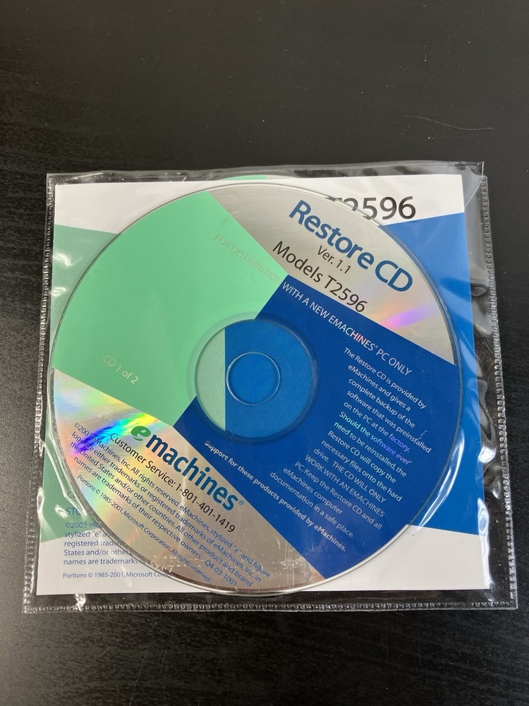 eMachines Restore CD Version 1.1 Model T2596 - 2 Disc Set for Desktop PC