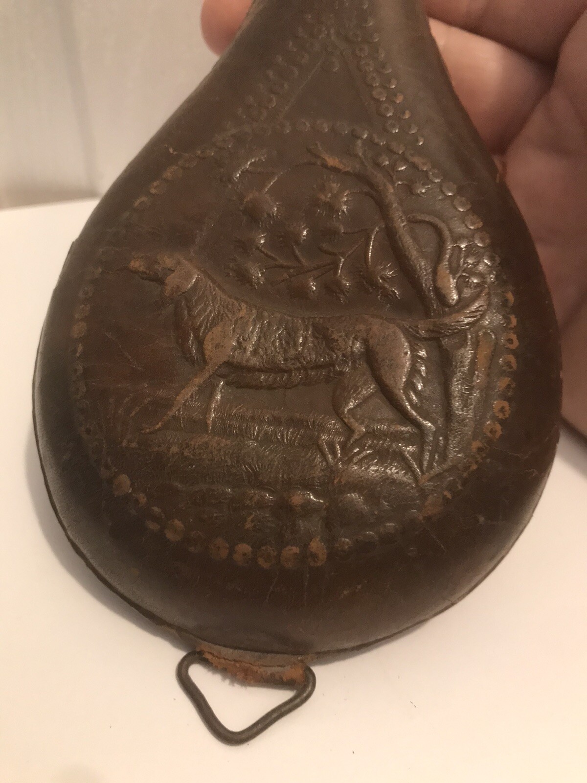 CIVIL WAR PERIOD LEATHER POWDER FLASK ( MARKED AM FLASK & CAP CO )