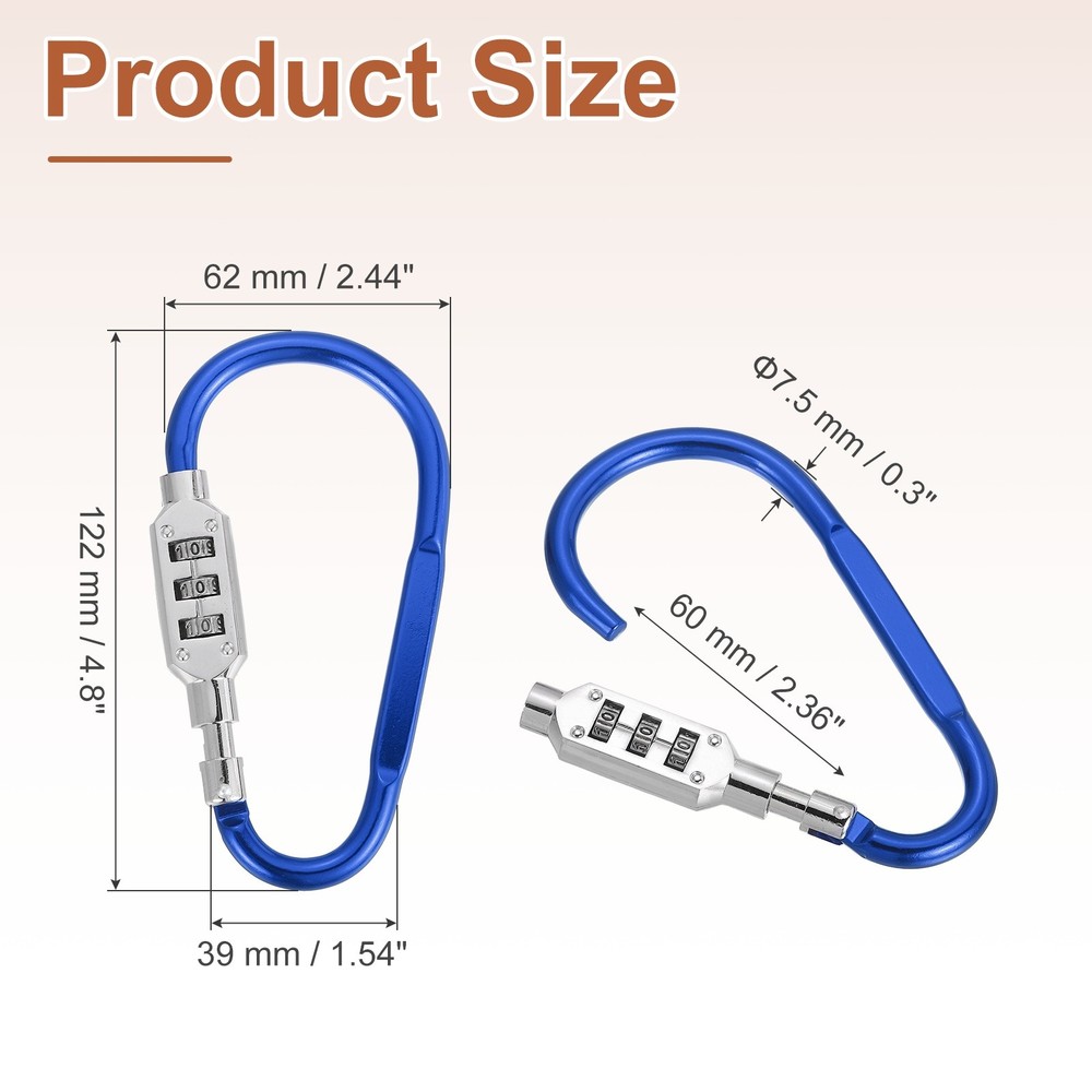 4.8" x 2.4" D-Shaped 3-Digit Code Combination Lock D-Ring Clip Locking, Blue