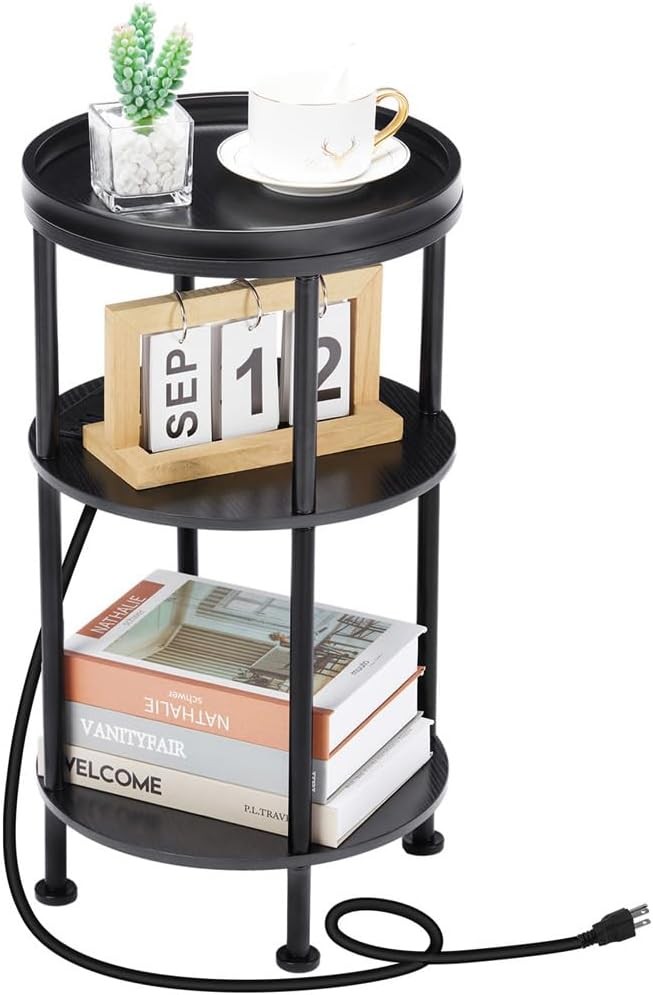 Round Side Table W/ Charging Station Small Spaces 3-Tier Accent Table Durable