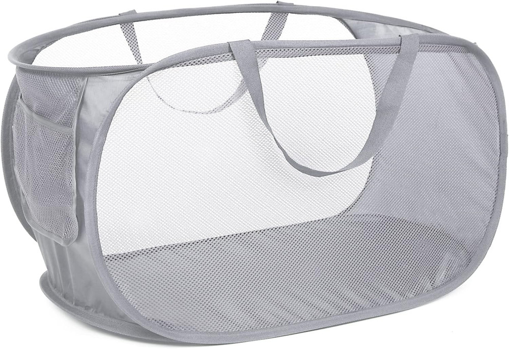 Durable Collapsible Laundry Baskets, Mesh Pop Up Laundry Hamper with Side Pocket