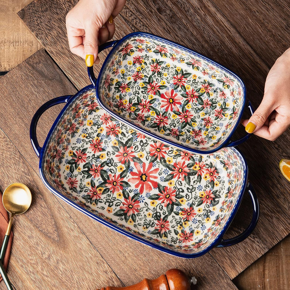 Baking Dish Ceramic Baking Pan Blue Casserole Dish Rectangular Baking Set 2Pcs B