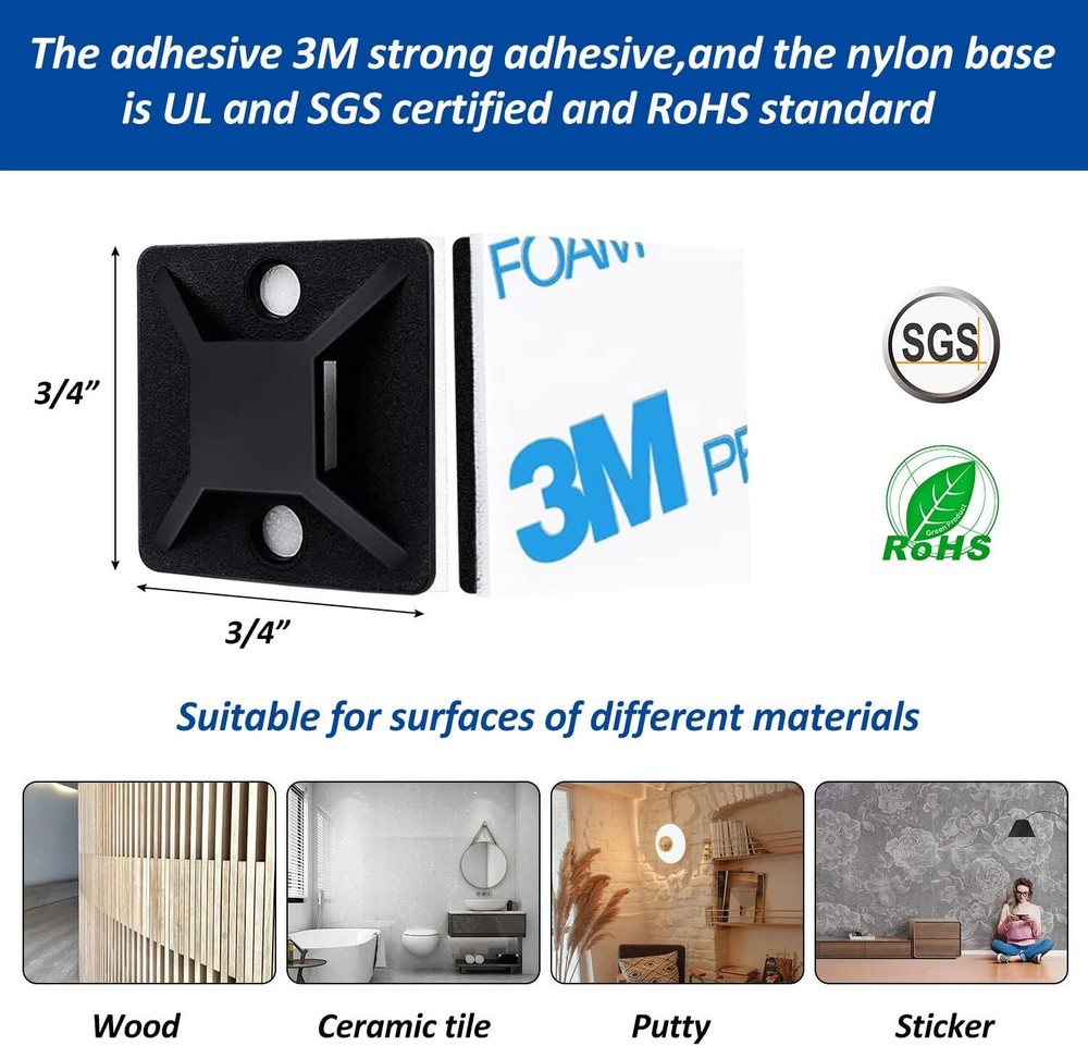 Strong Back-Glue Self Adhesive Cable Zip Tie Mounts Kit - 100 Set