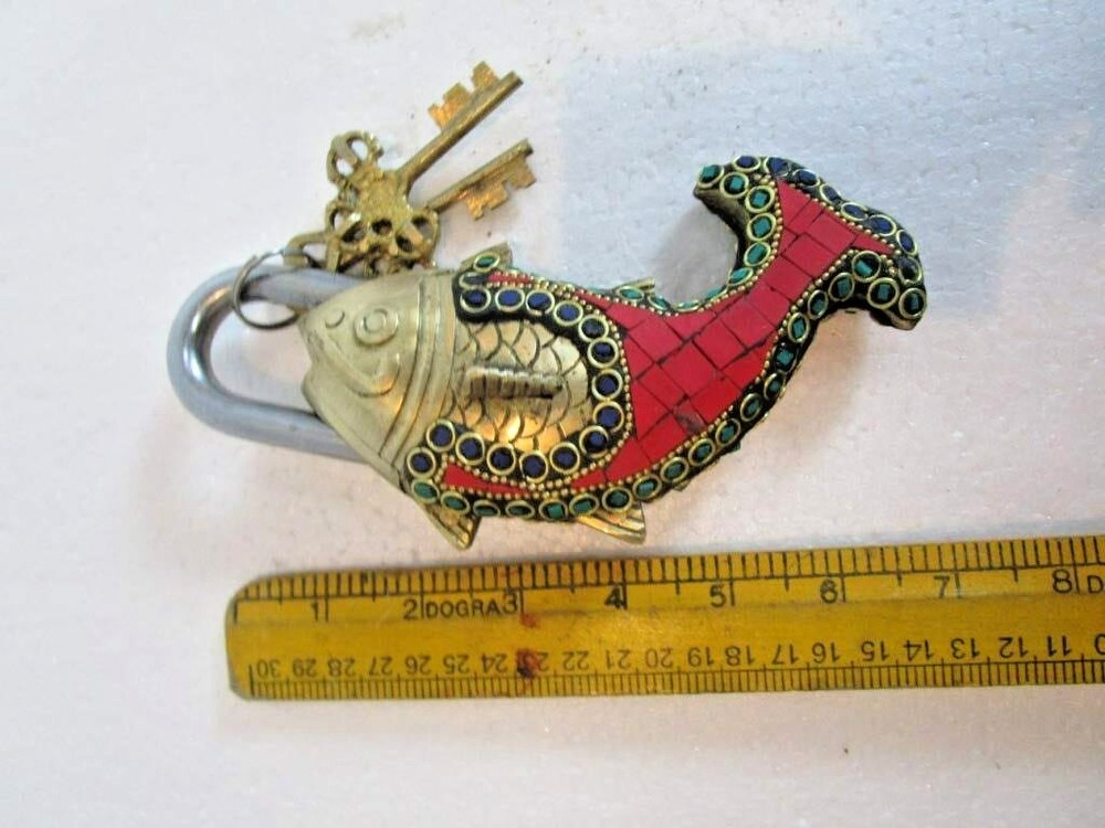 Handmade Working Functional Fish Shape Brass Padlock with Keys With Color Stone