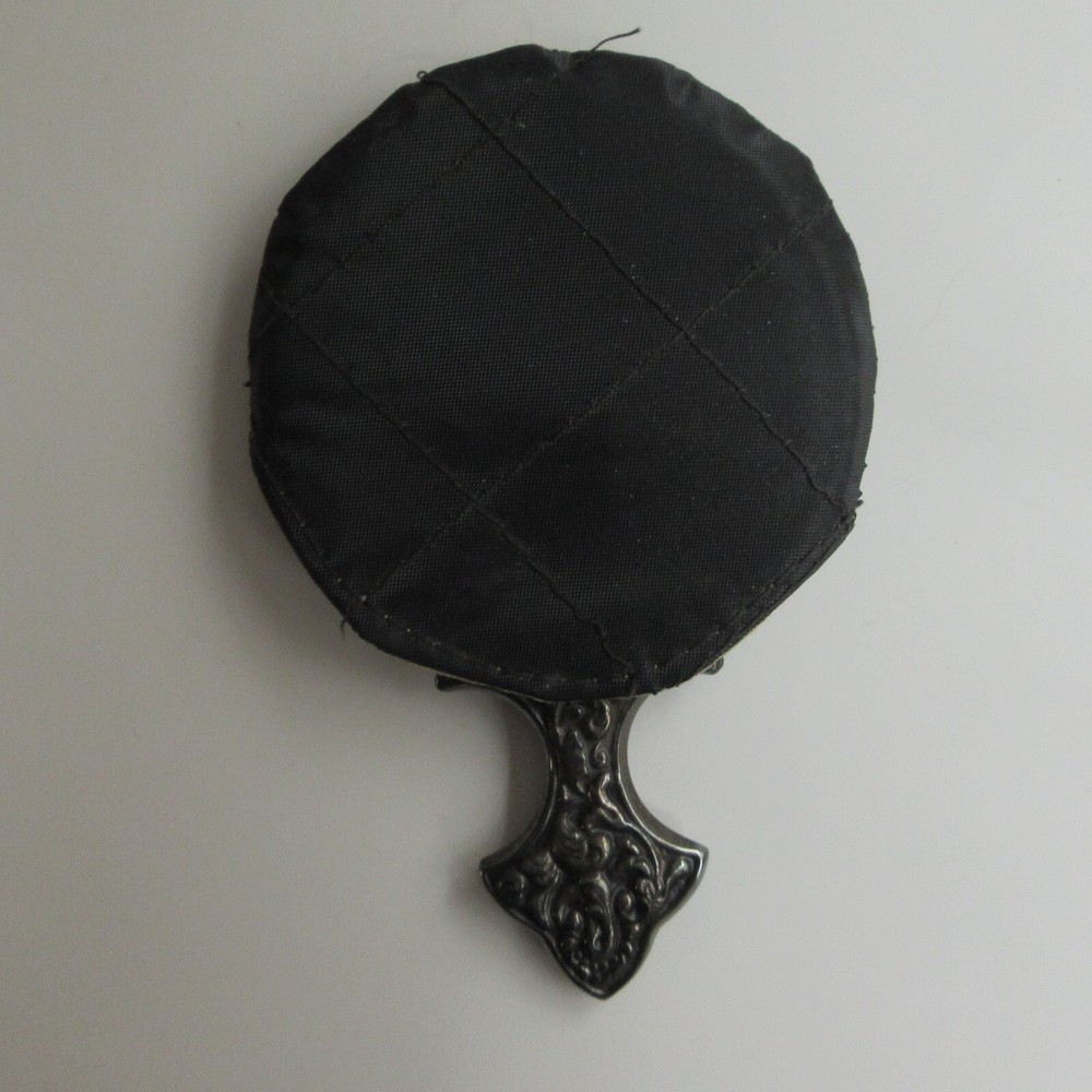 Victorian Ladies Pocketbook Purse Silver Hand Mirror with Black Satin Cover