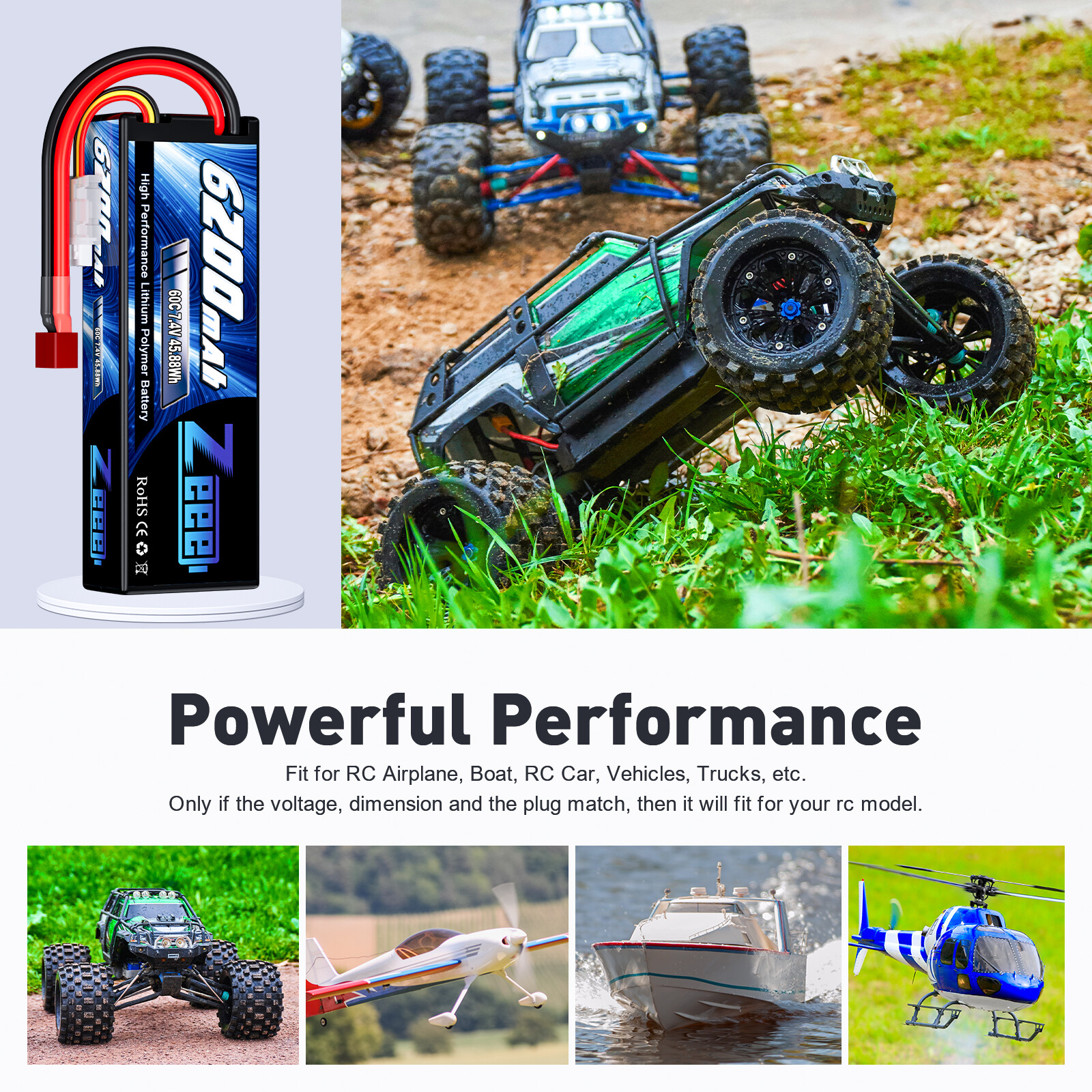 2x Zeee 2S LiPo Battery 6200mAh 60C 7.4V Deans T for RC Car Truck Truggy Hobby
