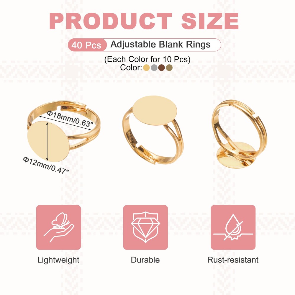 40 Pack 12mm Adjustable Blank Rings, White, Light Gold, Brown, Copper