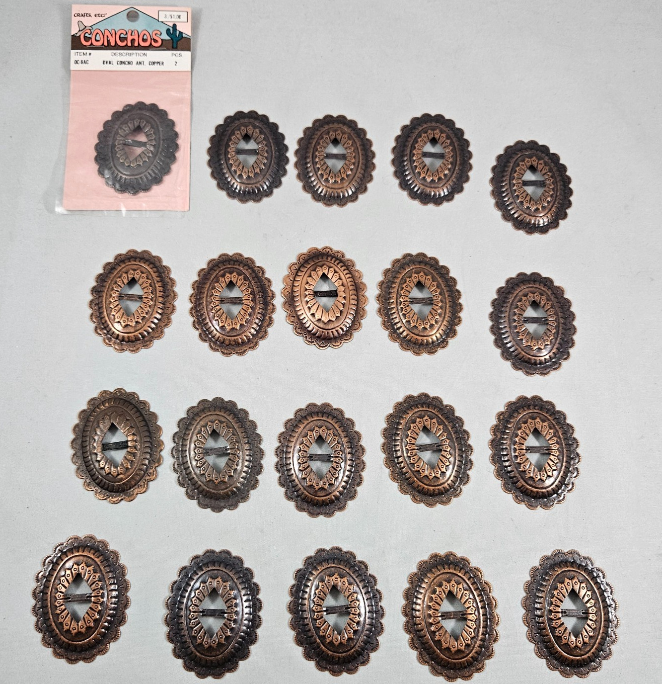 21 Oval Conchos Slotted Antique Copper Saddle Western  Leather Crafts Large Vtg
