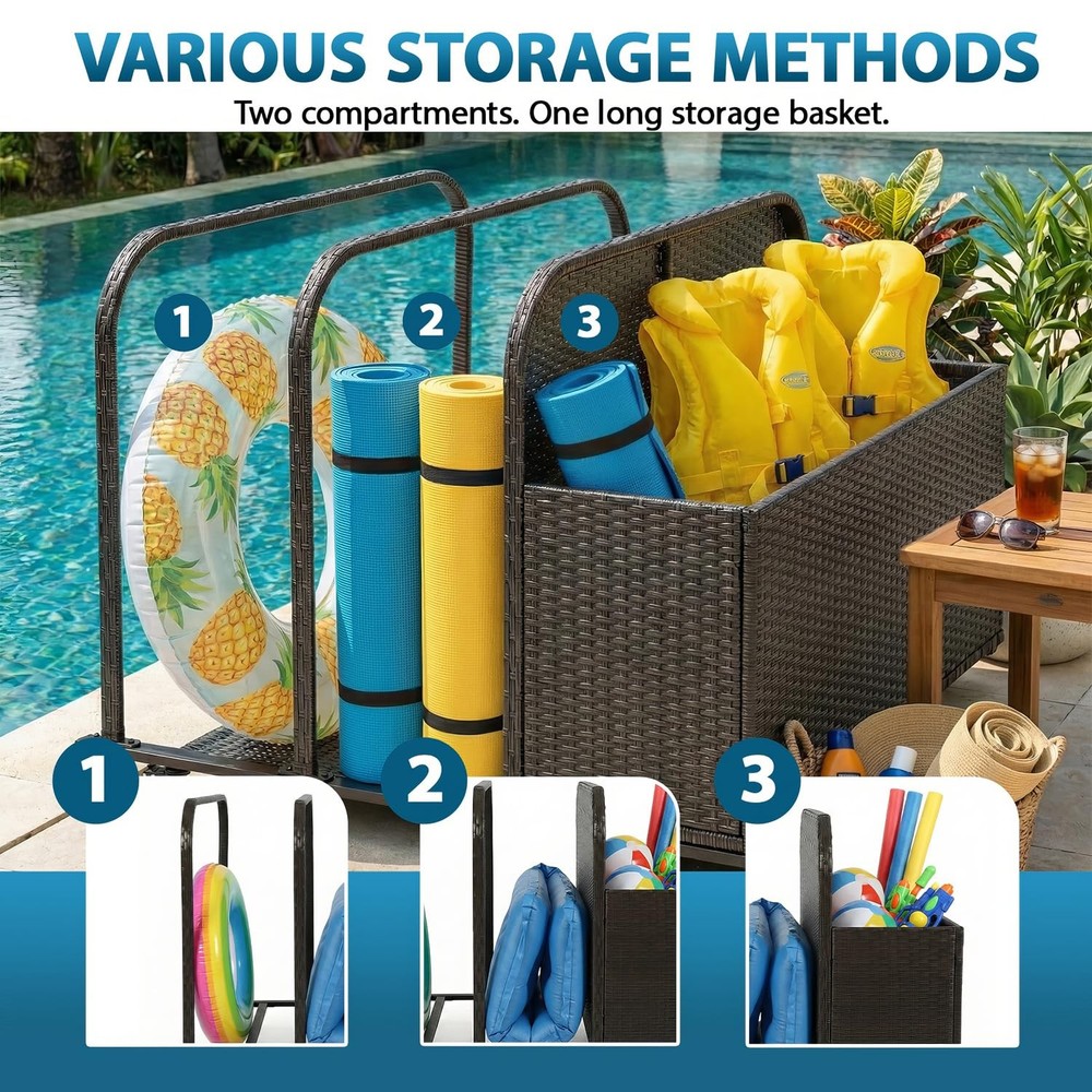 Pool Float Storage Poolside Storage Bin Holder Storage Rack with Wheels PE Ra...