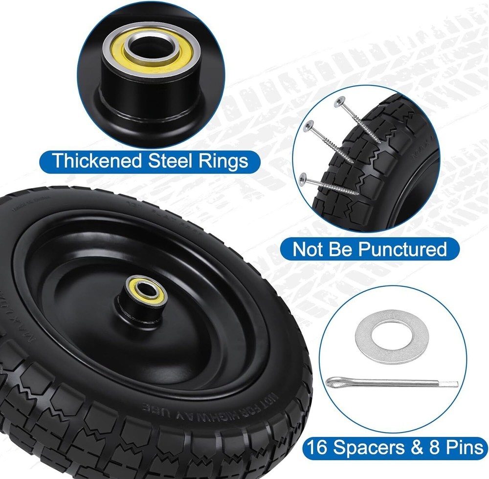 13 In Flat Free Wheels Tires 4.00-6 Solid Replacement with 5/8" Axle Bore Hole
