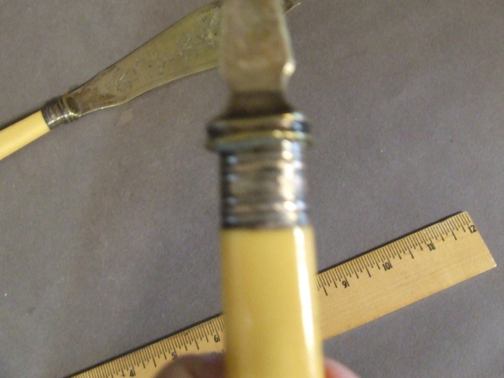 ANTIQUE ANTIQUE CELLULOID SILVERPLATED ENGLISH 2 PC EMBOSSED SERVICE FORK KNIFE