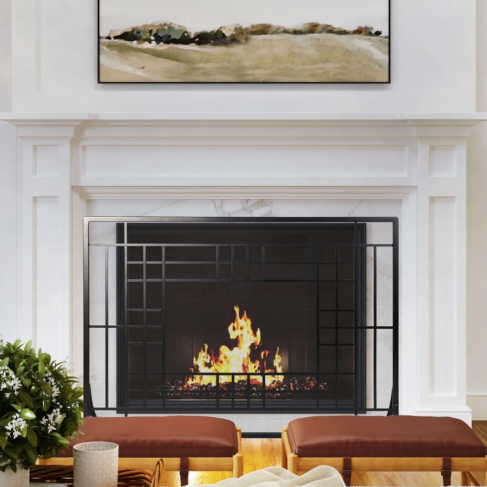 Fireplace Screen Single Panel Fireplace Gate with Protective Mesh, Black