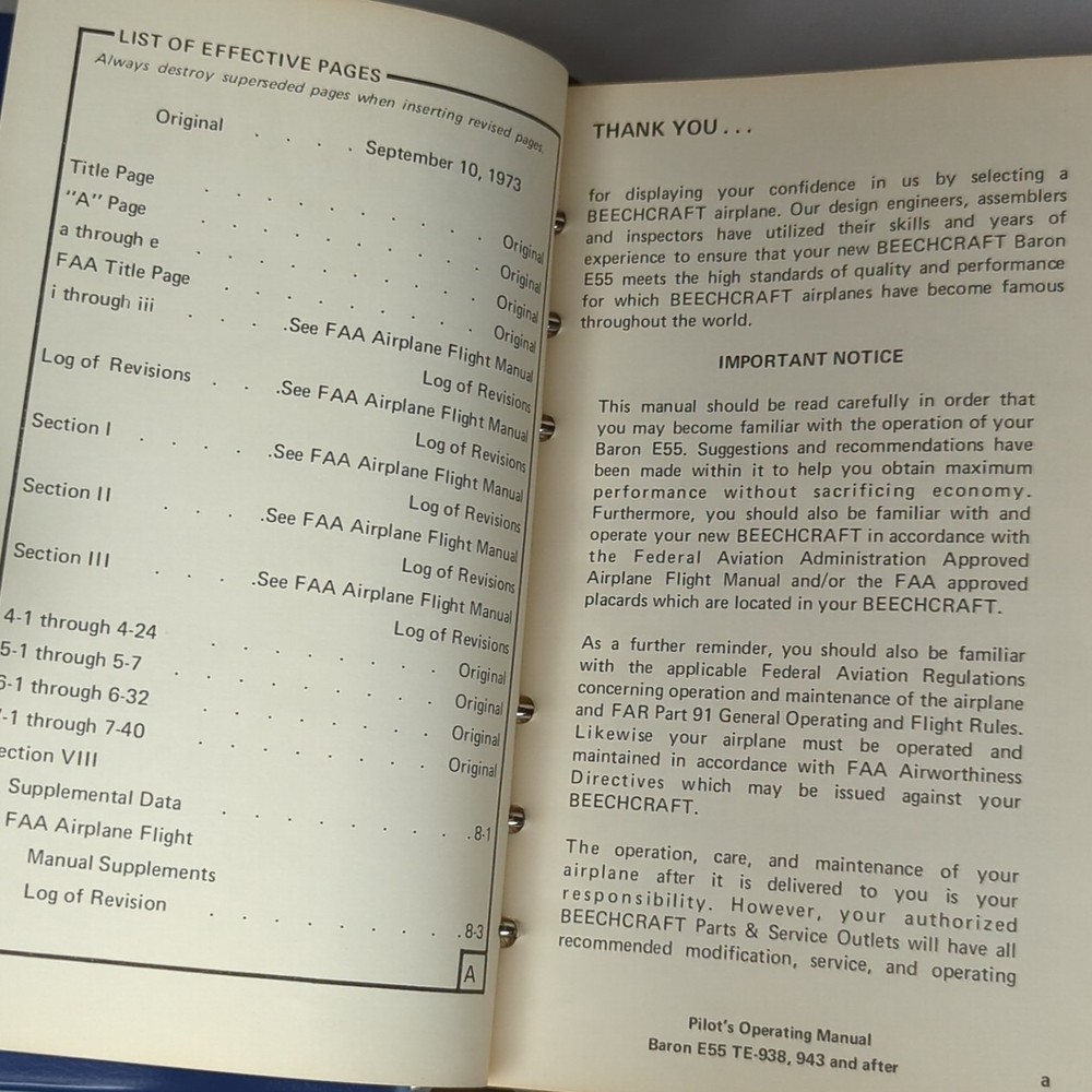 Beechcraft E55 & E55A Baron Pilot's Operating Handbook TE-938, TE-943 1973