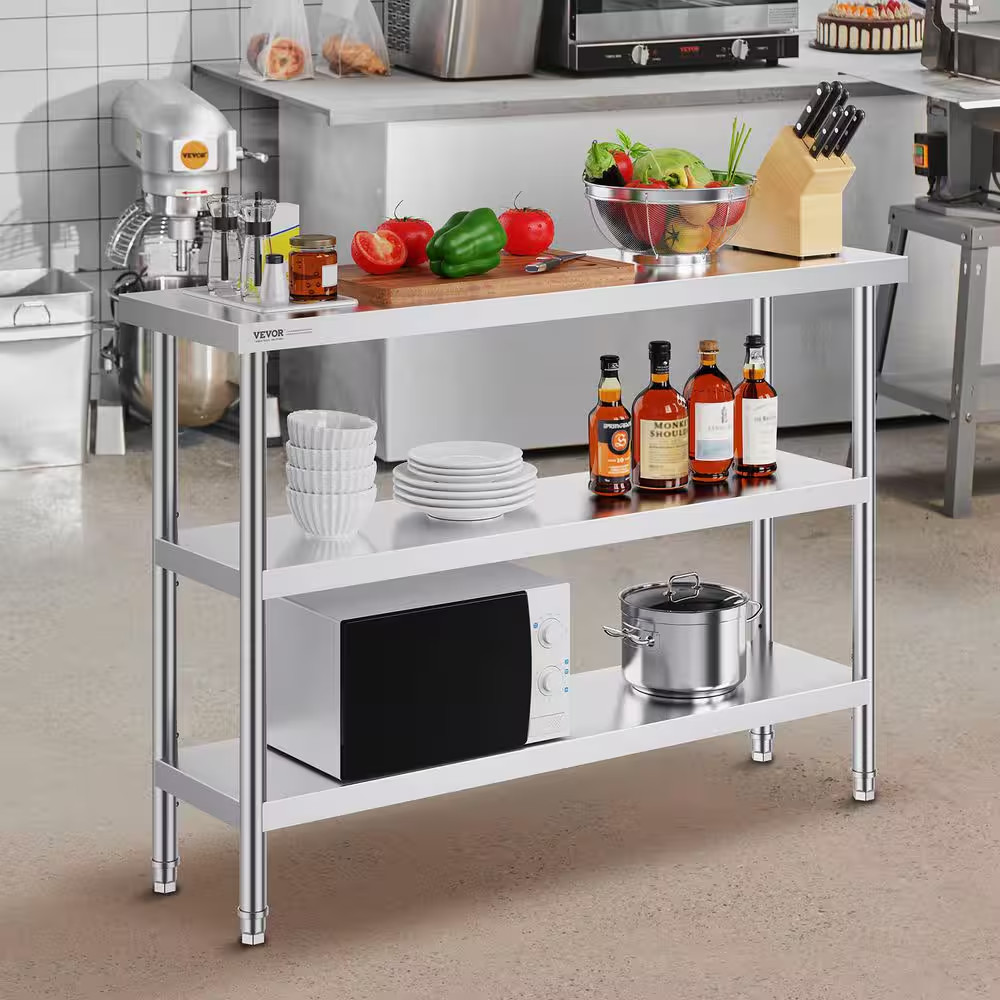 Kitchen Prep Table 14 X 48 X 34 In. BBQ Prep Table with 2 Adjustable Undershelf