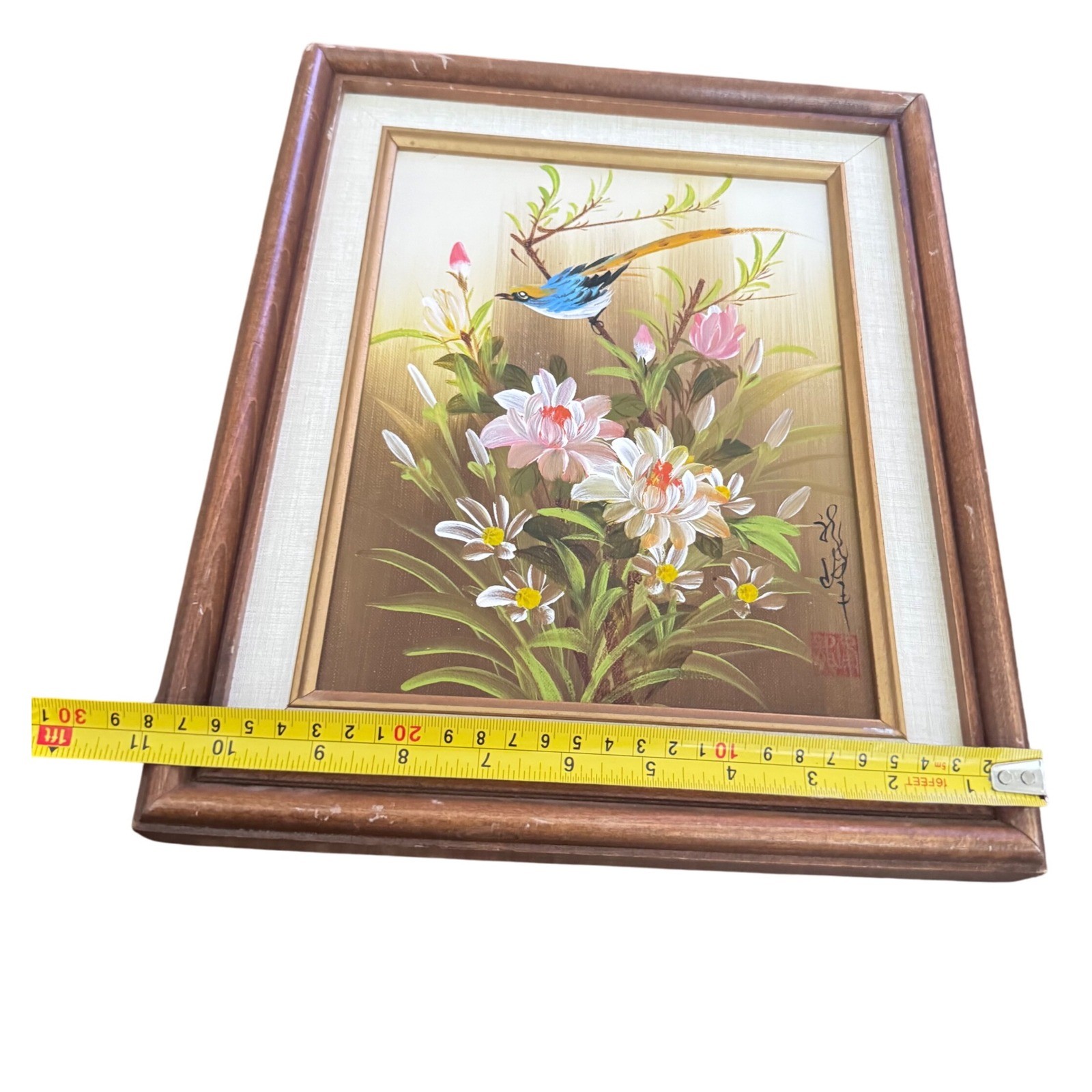 Vintage Framed Bird Floral Painting Signed Asian Art Wall Decor Nature Home '70s