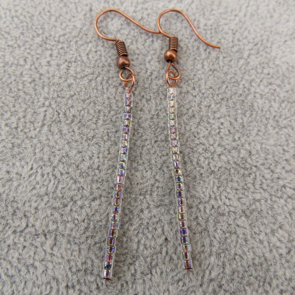 Pemby Studio Translucent Rainbow Beads Long Stick Earrings Copper Tone 2.5"