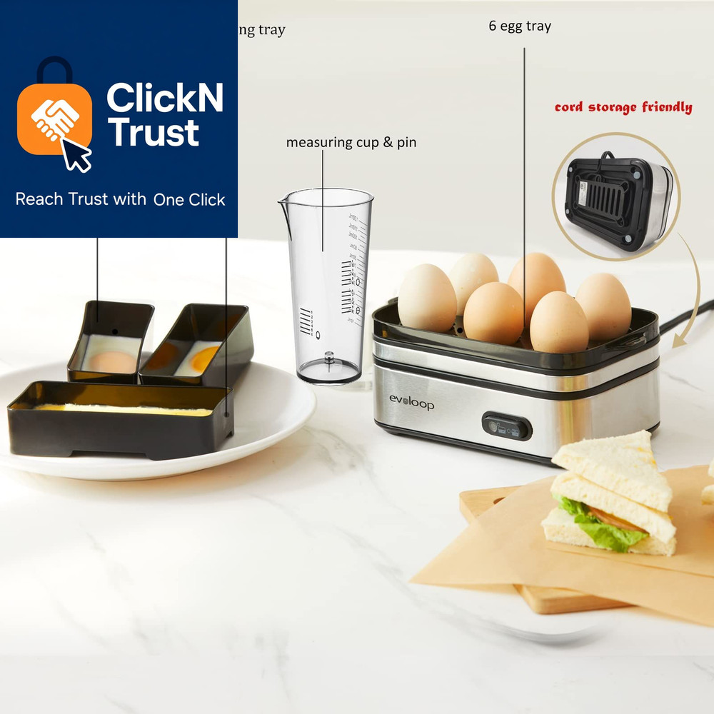 Evoloop Rapid Egg Cooker Electric 6 Eggs Capacity, Soft, Medium, Hard Silver