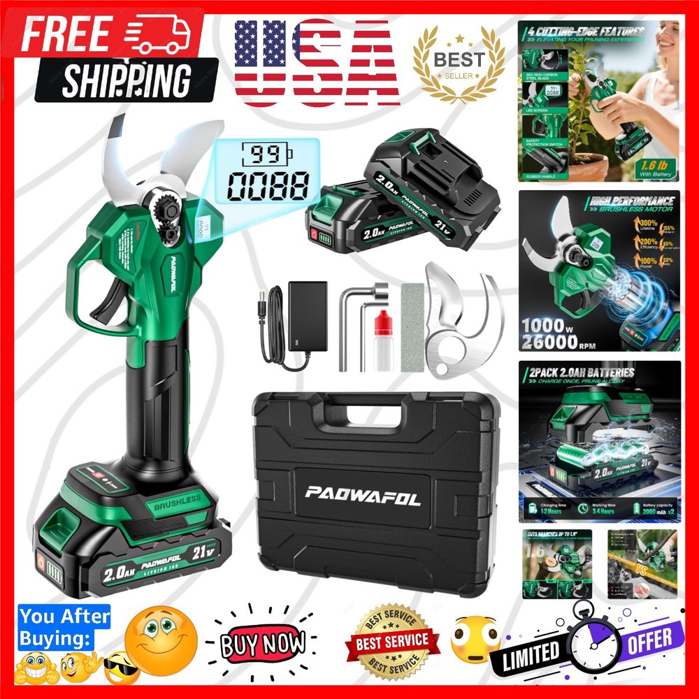 Electric Pruning Shears, 1.6 inch 41mm Cutting Diameter Cordless Electric Sci...