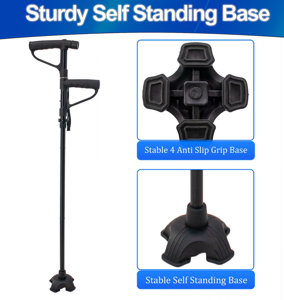 Walking Cane w LED Light 2nd Rotating Support Handle Folding Self Standing Base