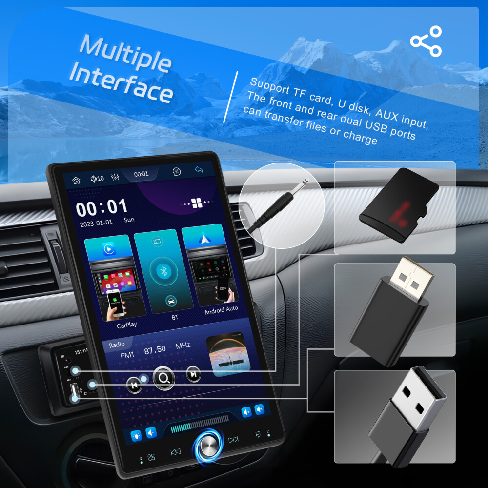 10.4" Single Din Touch Screen Stereo Bluetooth Radio Apple/Android Carplay+CAM