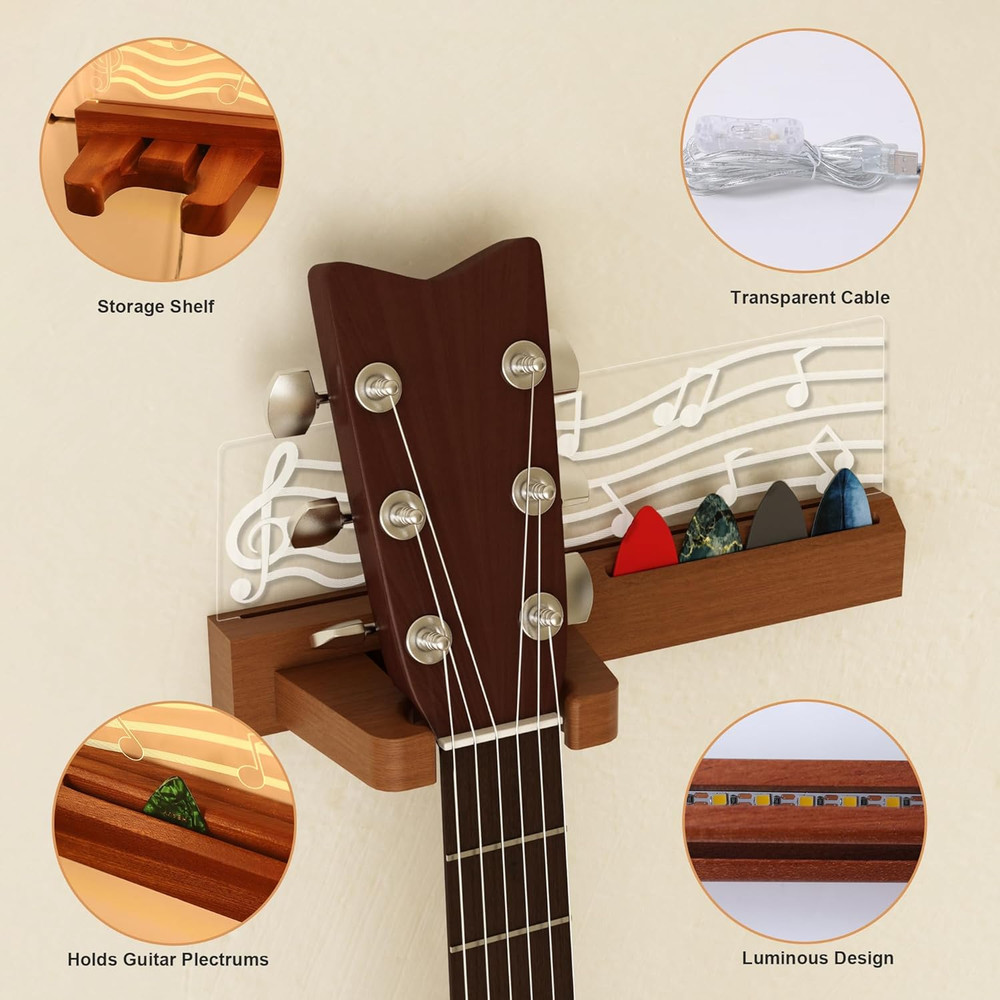 Guitar Wall Mount Stand with LED Lights - Solid Wood & Acrylic USB-Powered