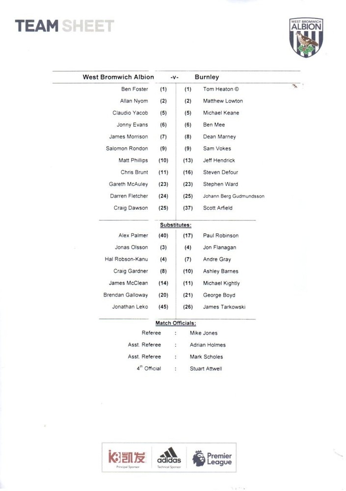 Team Sheet - West Brom v Burnley 2016-17