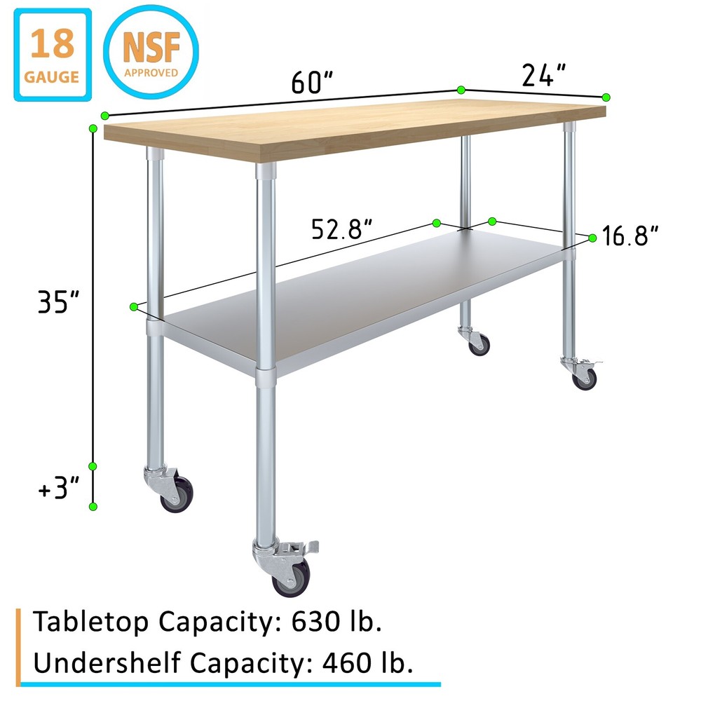 Heavy Duty Rolling Maple Wood Top Work Table with Wheels