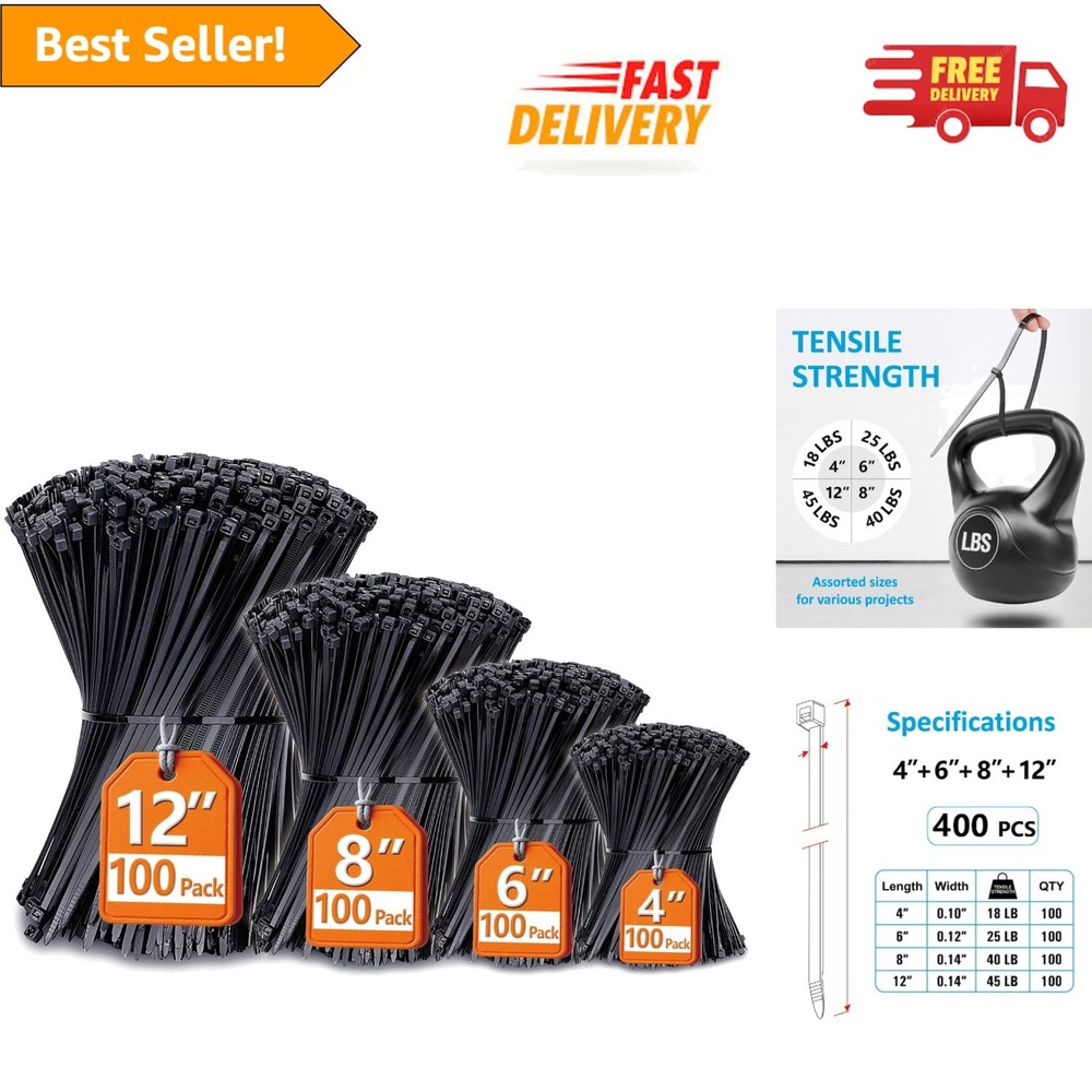 Assorted Zip Ties - 400 Pack, UV Resistant, Secure and Reliable Design