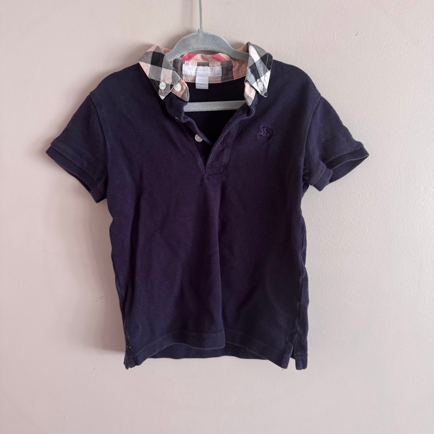 Burberry Children's Navy Blue Button Polo Shirt Plaid Collar Kids Size 4
