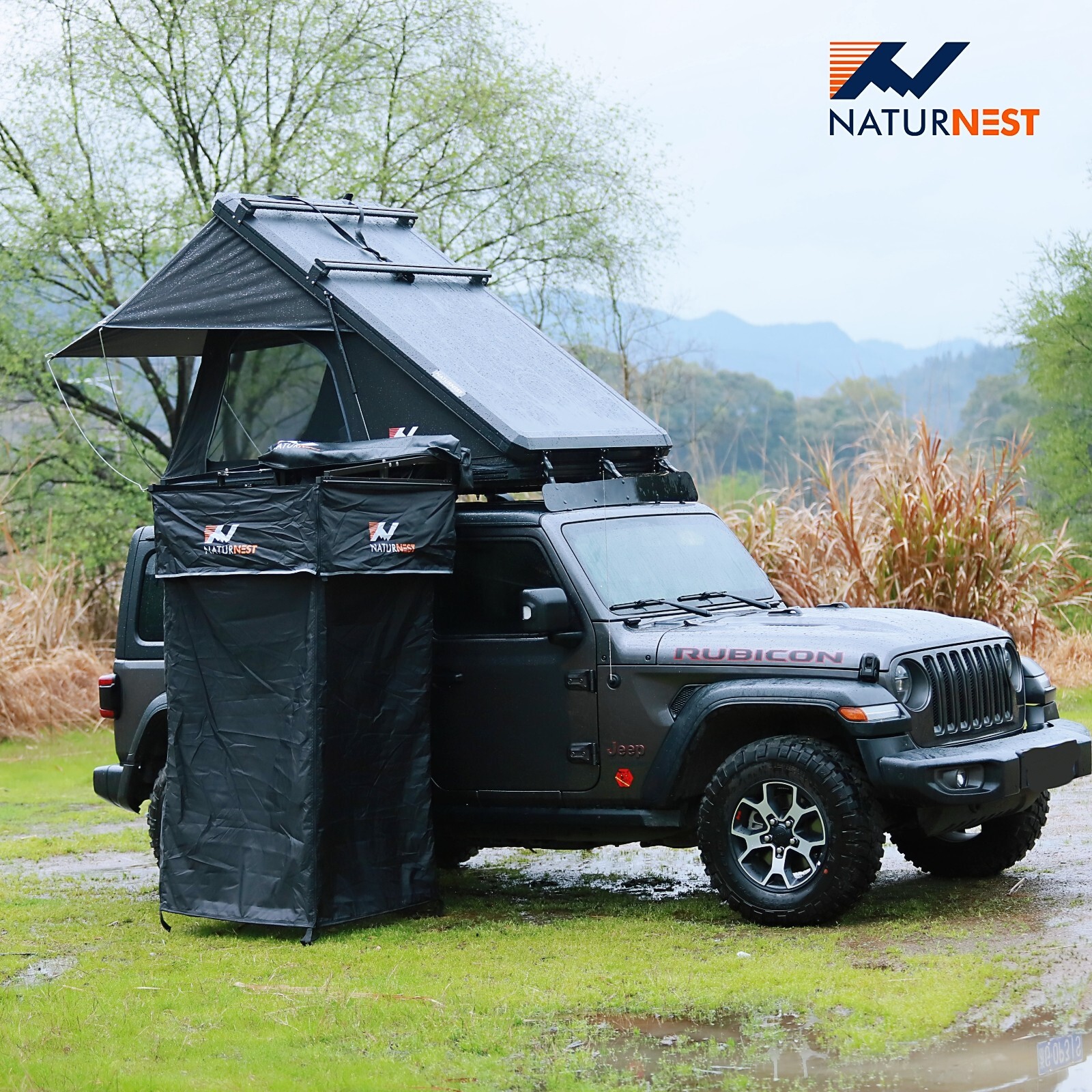 Naturnest Car Camping Shower Tent Overland Shower Awning with Roof LED Floor Mat