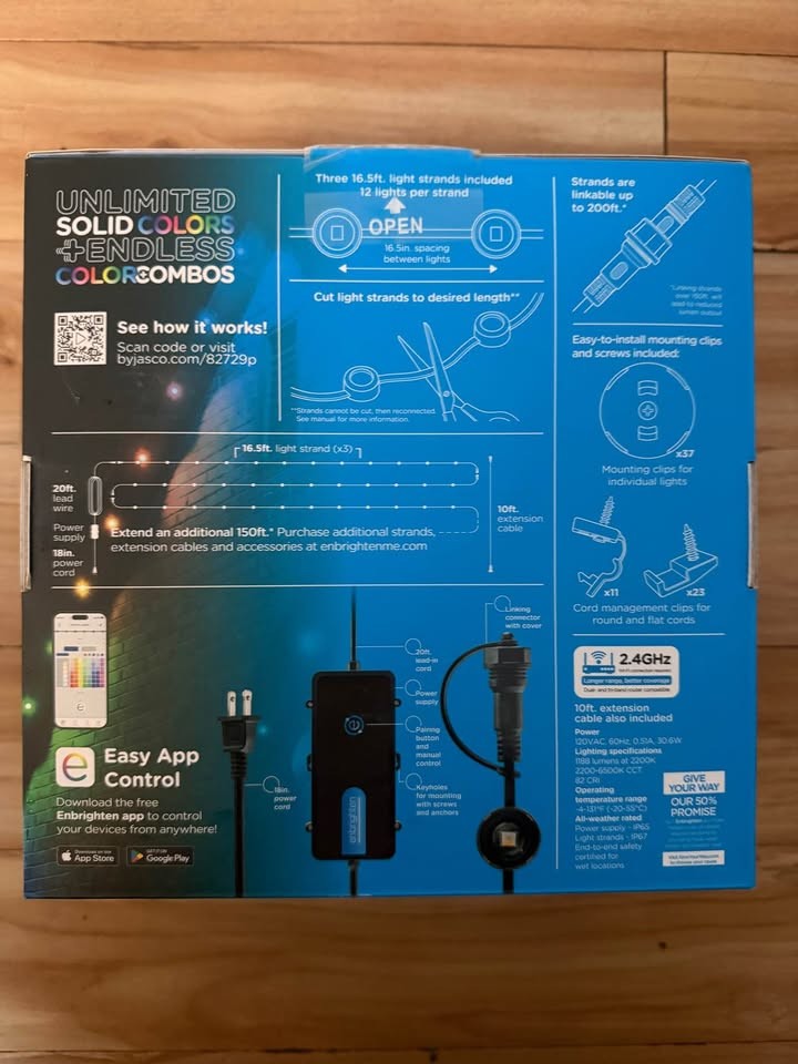 Enbrighten 50ft Wi-Fi Eternity Lights, Permanent Outdoor Lights, 36 LEDs