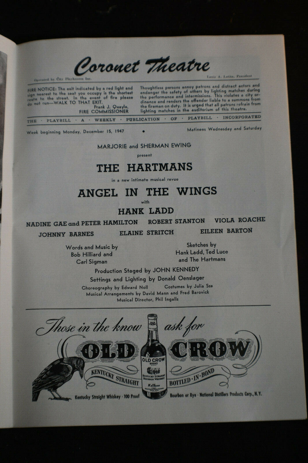 1947 Coronet Theatre *The Hartmans-Angel in the Wings-Hank Ladd* 1ST TONY AWARD*