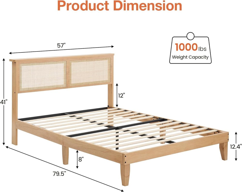 ✅Full Size Bed Frame with Rattan Headboard Platform Bed Frame with LED Lights NE