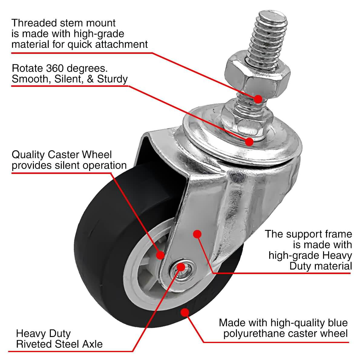 4 Pack 2 Inch Stem Caster Swivel Black Polyurethane Caster Wheels