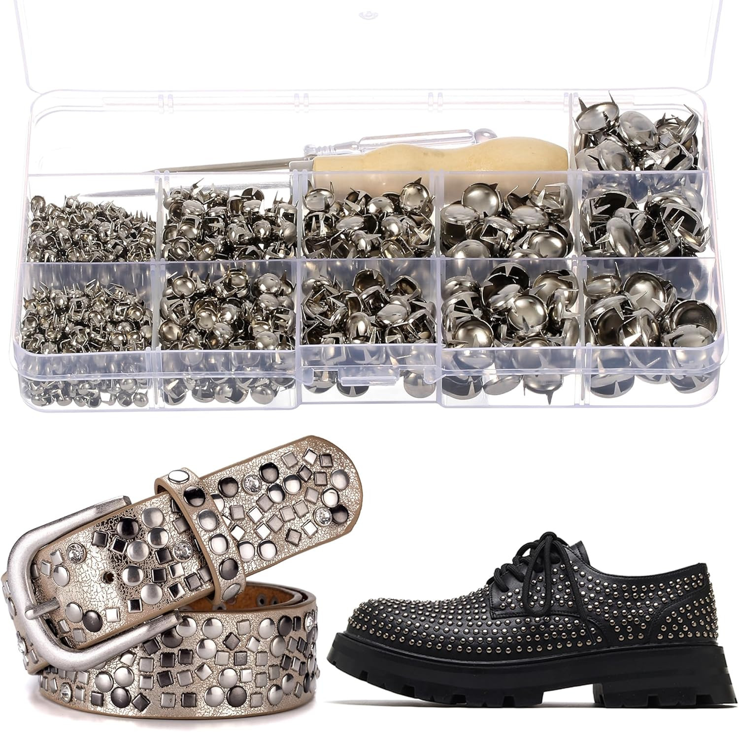 1220 Pcs Assorted Sizes Studs for Clothing Leather Rivets Round Dome Studs and S