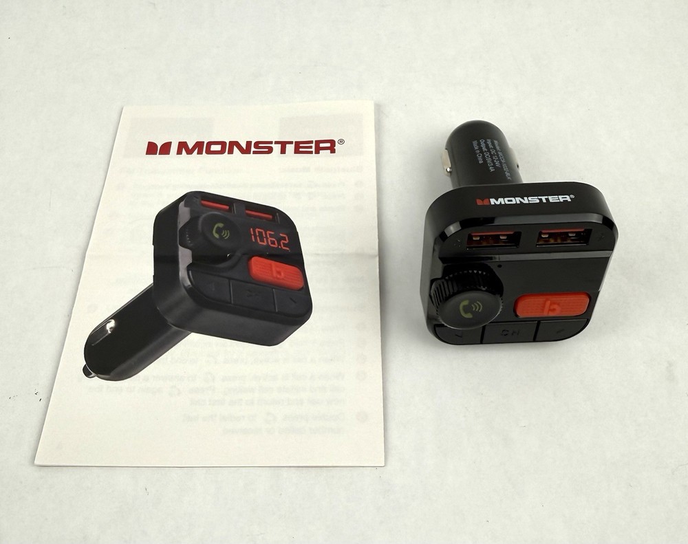 Monster Bluetooth FM Transmitter 3.4 Amp USB Charging Ports Tested MCC9-1032-BLK