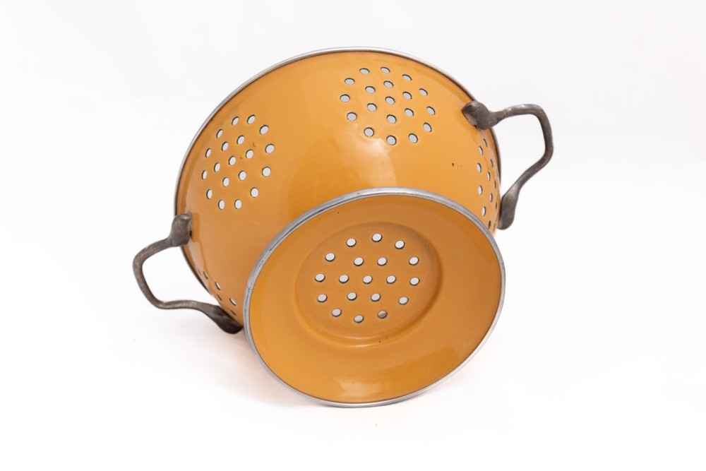 Vintage Yellow Enamel Strainer Colander Kitchen Cookware