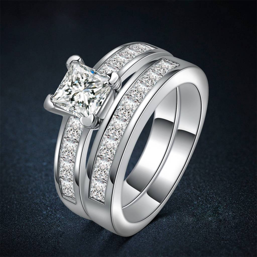Princess Round Cut AAA CZ Stainless Steel Wedding Band Ring Set Women Size 6-10