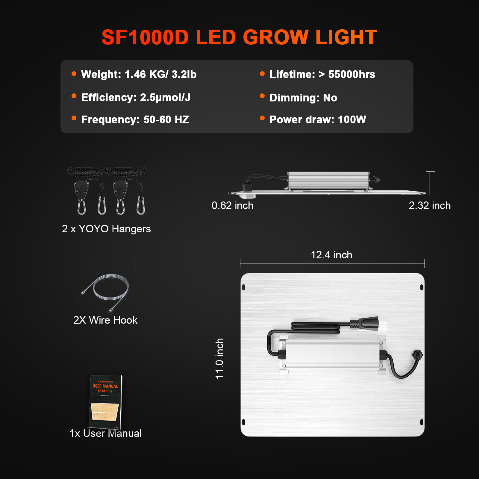 Spider Farmer SF1000D Full Spectrum LED Grow Light, Used