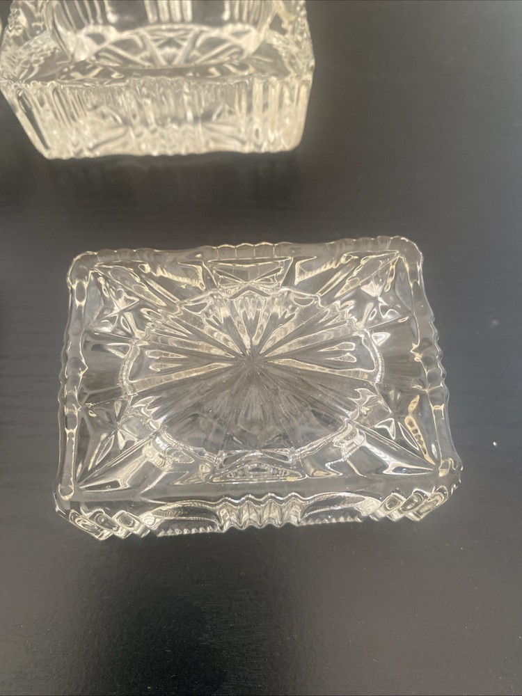 4clear Cut Glass Rectangular Ash Tray Salt Cellar Ribbed Sides Star Burst Bottom